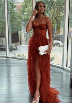 Sexy Rust Red Bustier Tiered Layers Split Prom Dress