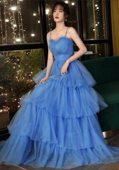 A Line Long Blue Tulle Prom Dresses Evening Gowns