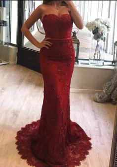 Sweetheart Wine Red Mermaid Lace Prom Dresses