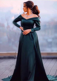 Simple hunter green mermaid satin long sleeves formal prom dress