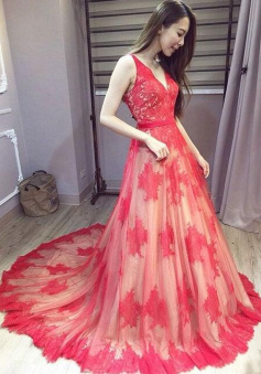 Mermaid V Neck Backless Red TUlle Prom Dresses