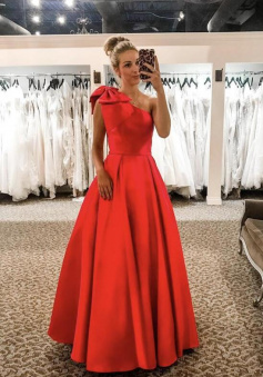 A line one shoulder red stain evening dress