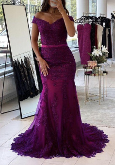 Grape mermaid lace prom evening dresses