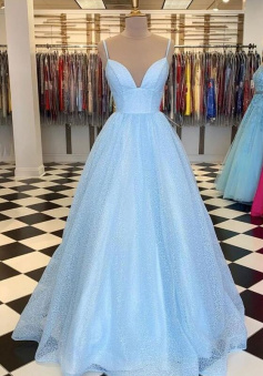 Spaghetti Straps A Line Light Blue Tulle V Neck Long Prom Dress