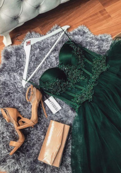 Spaghetti Straps Green Tulle Long Prom Dress With Lace