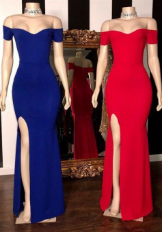 Off Shoulder Sheath Royal Blue Side Slit Prom Dresses