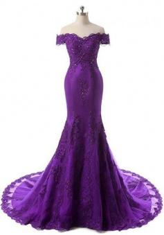 Mermaid Off Shouler Purple Long Prom Dress With Lace