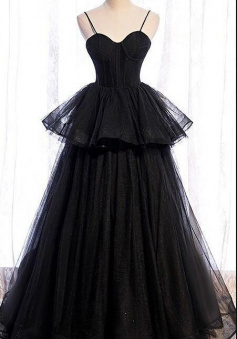 Elegant Spaghetti Straps Black Tulle Prom Dress