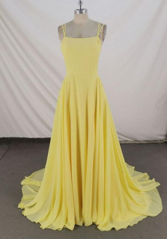 Simple Yellow chiffon long prom dress