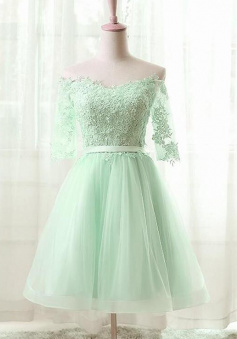 Cute Mint Green 1/2 Sleeves Tulle Homecoming Dress With Lace