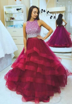 Princess Two Pieces Tulle Prom Dress With beading