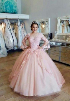 Charming Pink Lace Ball Gown Prom Dress With Long Sleeves