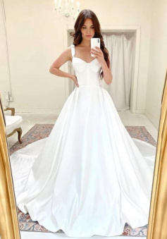Simple Mermaid Stain Long White Wedding Dresses