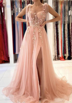 A line Pink tulle appliqué formal prom dress with split