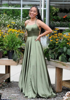 A Line Simple Green Backless Stain Prom Dresses