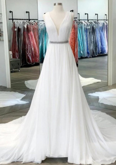 Mermaid White V Back Chiffon Wedding Dresses