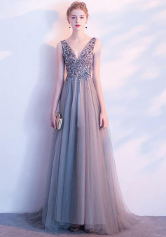 Floor Length Gray v neck beaded tulle evening dress