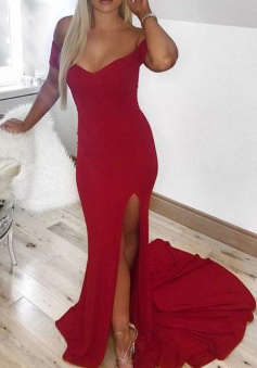 Off-the-ShoulderSweep Train Red Prom Dress with Split