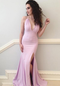 Mermaid V-neck Jersey Sweep Train Split Front Backless Prom Dresses