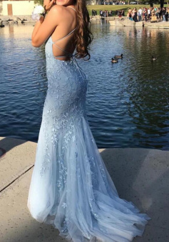 Spaghetti Strap Mermaid Light Blue Lace Tulle Prom Dresses