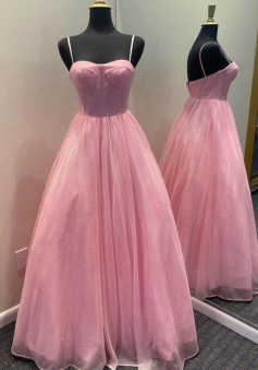 A-Line Pink Straps Long Formal Prom Dress