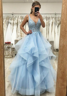 Floor-Length Princess Style Tulle Applique V-neck Sleeveless Lace Prom Dresses