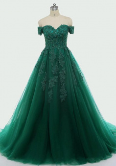 Mermiad Dark Green Lace Appliques Ball Gown Tulle Prom Dresses Quinceanera Dresses