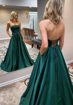 A-Line Strapless Green Satin Prom Dress With Pocket