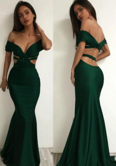 Off The Shoulder Sexy Dark Green Backless Evening Dress