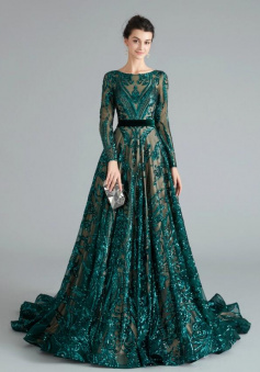 Mermaid Dark Green Sequins Backless Prom Dress With Long Sleeves