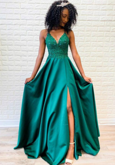 A-Line Spagehtti Straps Green Satin Straps Prom Dress