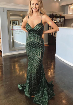 Spaghetti Straps Mermaid Green Sequins Backless Prom Dress