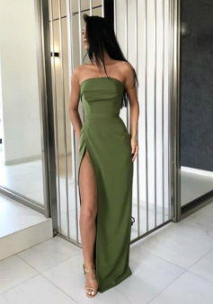 Floor Length Strapless Long Pageant Dress Green Evening Dress with Side Split