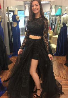 A-Line Two Pieces Long Sleeve Black Prom Dresses