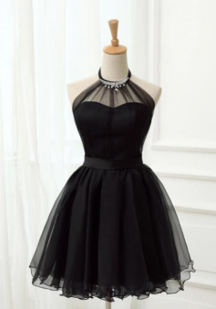 Cute Halter Black Tulle Short Homecoming Dresses