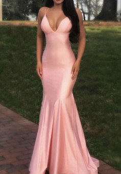 Mermaid Cross Back Blush Pink Satin Long Prom Dress