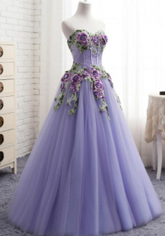 Sweetheart A-Line Purple Tulle Embroidery Appliques Formal Prom Dress