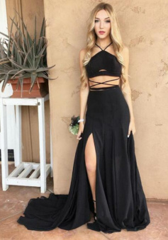 Two Piece Formal Black Side Slit Prom Dress