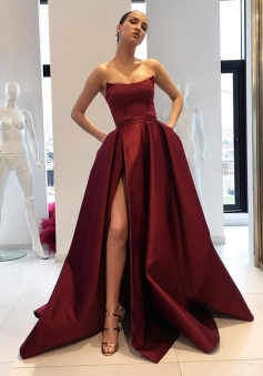SImple Strapless Burgundy Stain Prom Dress With Ruffles