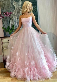Bateau A-Line/Princess Tulle  Floor-Length Prom Dresses