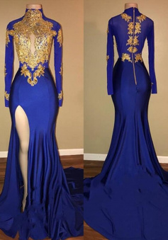 Mermaid High Neck Royal Blue Sweep/Brush Train Evening Dresses With Long Sleeves