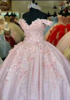 Princess Off Shoulder Long Formal Prom Dress With Pink Flower Appliqués