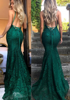 Spaghetti Straps Mermaid Dark Green Backless Prom Dress