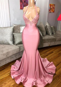 Mermaid PinkRuffles V-neck Sleeveless Prom Desses