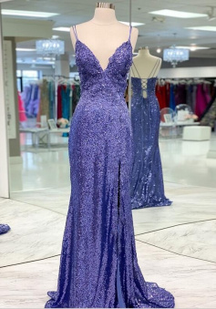 Sheath V-neck Sleeveless Sequins Prom Dresses