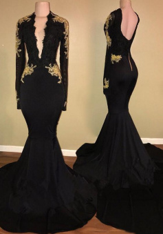 Mermaid V-neck Long Sleeves Sweep Train Prom Dress With lace Applique
