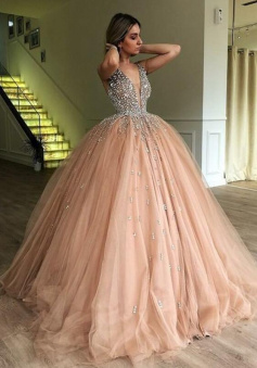 Floor-Length Ball Gown V-neck Sleeveless Tulle Prom Dress With Beading