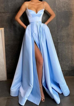 Spaghetti Straps A Line Satin Floor-Length Prom Dresses