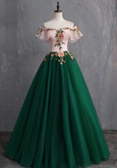 Off Shoulder Deep Green Tulle Long Prom Dress With Flower