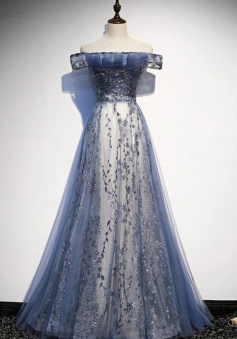 Off Shoulder A Line Stunning Blue Tulle Long Prom Evening Dress